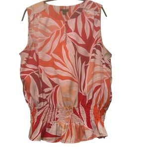 Ann Taylor Top Womens Sz LP Sleeveless Coral Pink Gathered Hem Leaf Print Blouse